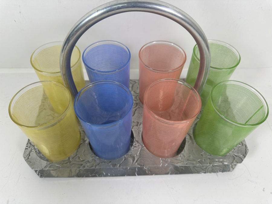 JUST ADDED - (8) Mid-Century Modern Multi Colored Lemonade Glasses With Aluminum Stand 12.5W X 7D X 9.5H [Photo 6]