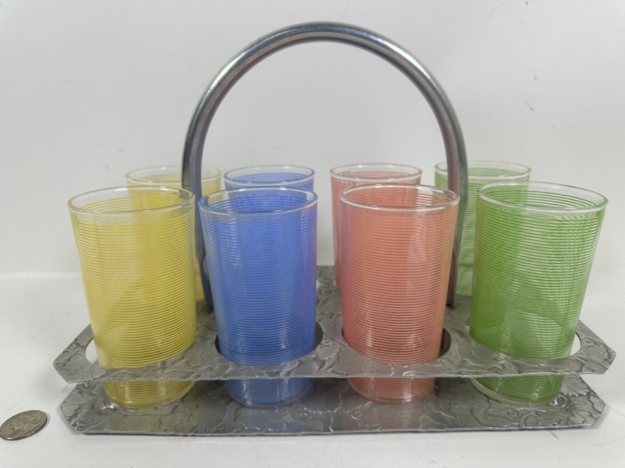 JUST ADDED - (8) Mid-Century Modern Multi Colored Lemonade Glasses With Aluminum Stand 12.5W X 7D X 9.5H [Photo 4]