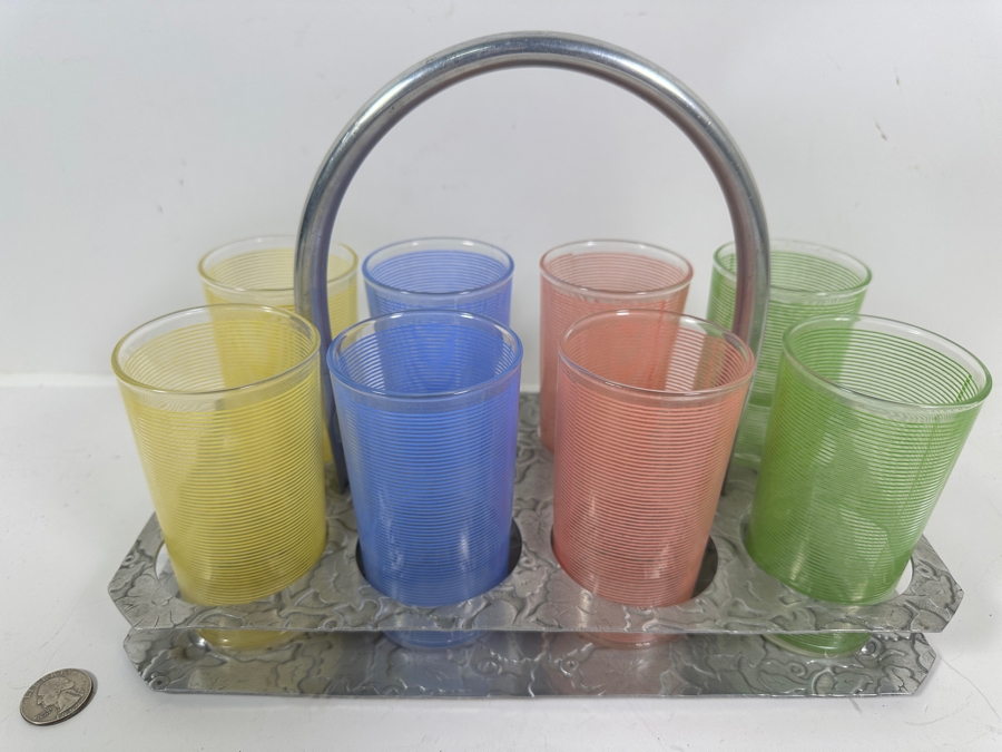 JUST ADDED - (8) Mid-Century Modern Multi Colored Lemonade Glasses With Aluminum Stand 12.5W X 7D X 9.5H [Photo 3]
