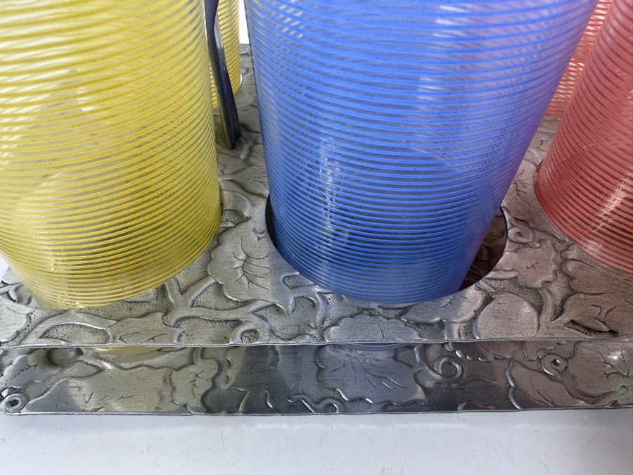 JUST ADDED - (8) Mid-Century Modern Multi Colored Lemonade Glasses With Aluminum Stand 12.5W X 7D X 9.5H [Photo 5]