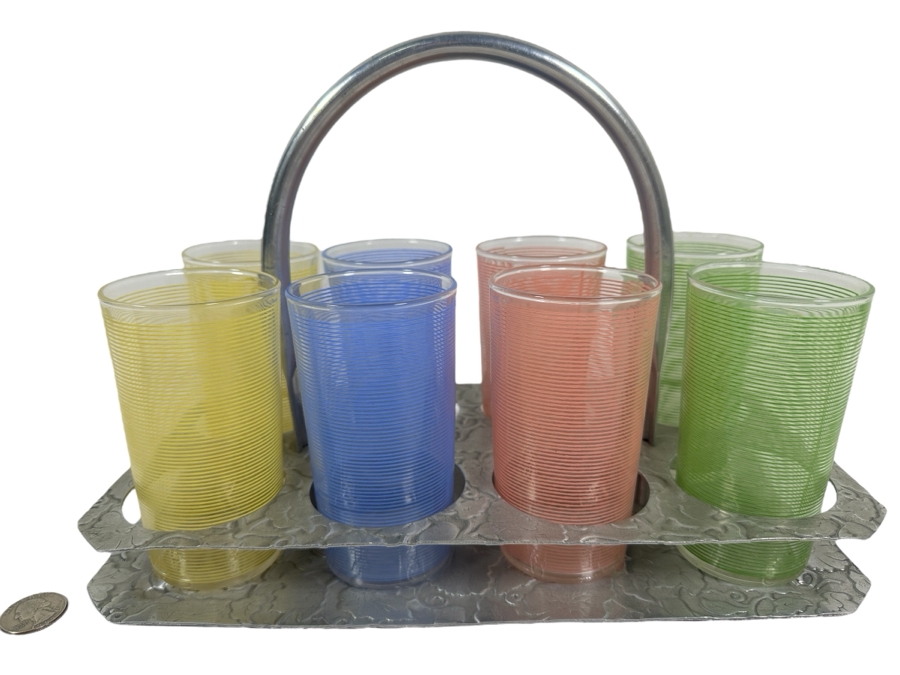 JUST ADDED - (8) Mid-Century Modern Multi Colored Lemonade Glasses With Aluminum Stand 12.5W X 7D X 9.5H