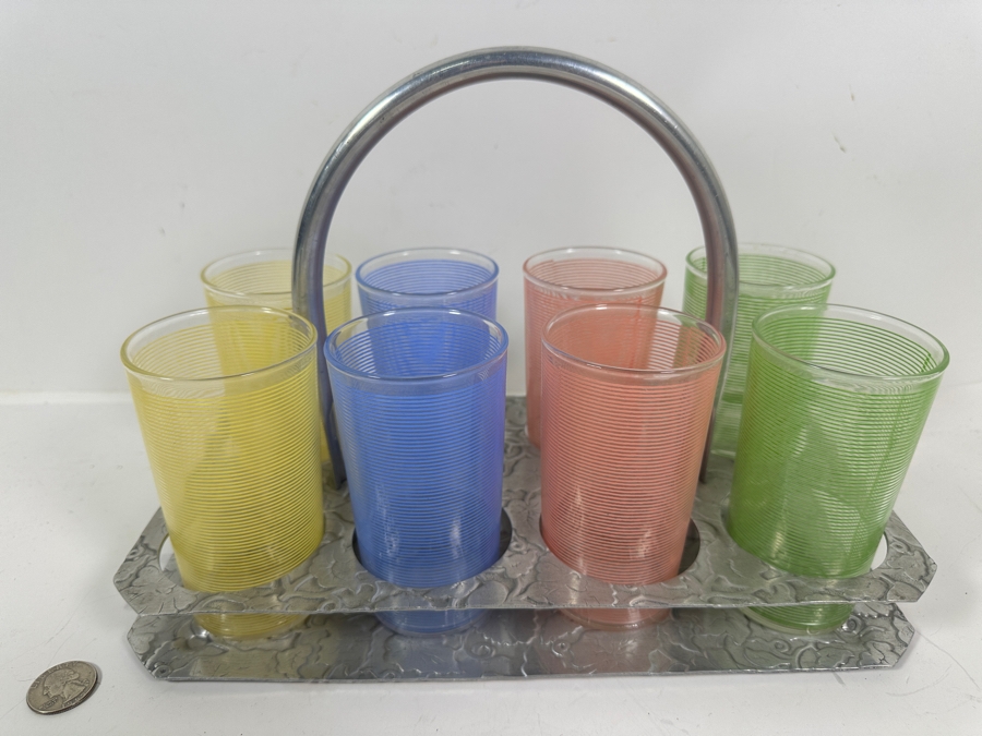 JUST ADDED - (8) Mid-Century Modern Multi Colored Lemonade Glasses With Aluminum Stand 12.5W X 7D X 9.5H [Photo 2]
