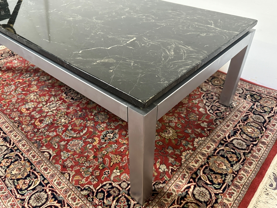 JUST ADDED - Italian Modernist Floating Green Marble Top Coffee Table On Polished Steel Base 51.5W X 27.5D X 16H [Photo 7]