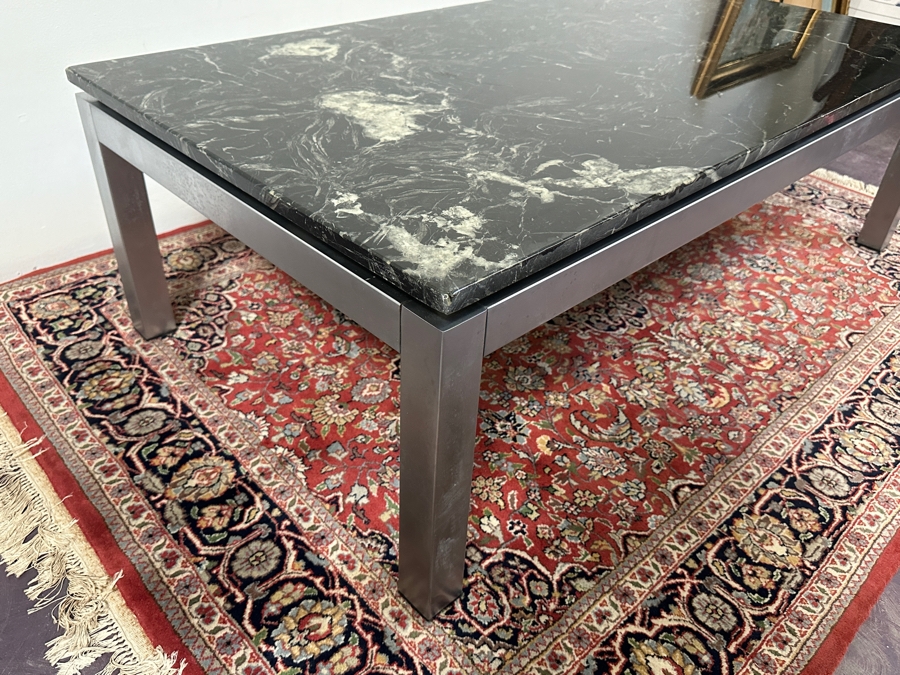 JUST ADDED - Italian Modernist Floating Green Marble Top Coffee Table On Polished Steel Base 51.5W X 27.5D X 16H [Photo 6]