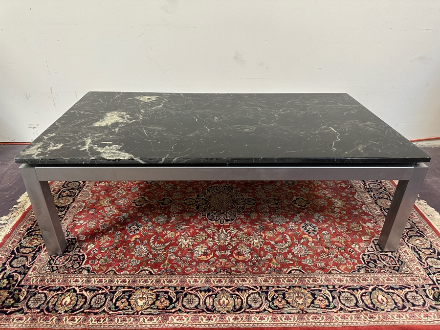 JUST ADDED - Italian Modernist Floating Green Marble Top Coffee Table On Polished Steel Base 51.5W X 27.5D X 16H [Photo 2]