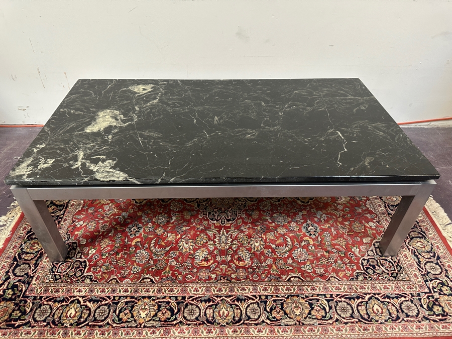 JUST ADDED - Italian Modernist Floating Green Marble Top Coffee Table On Polished Steel Base 51.5W X 27.5D X 16H [Photo 4]