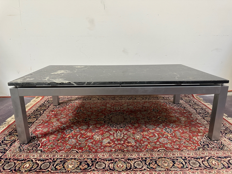 JUST ADDED - Italian Modernist Floating Green Marble Top Coffee Table On Polished Steel Base 51.5W X 27.5D X 16H [Photo 3]