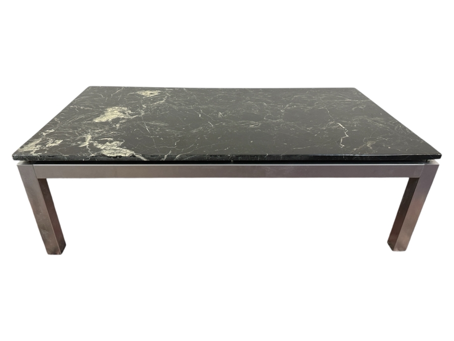 JUST ADDED - Italian Modernist Floating Green Marble Top Coffee Table On Polished Steel Base 51.5W X 27.5D X 16H [Photo 1]