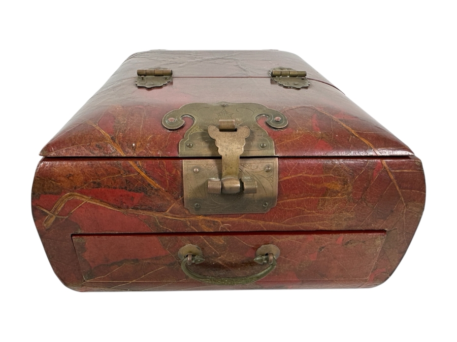 JUST ADDED - Vintage Chinese Lacquered Jewelry Box With Applied Dried Flowers 8.75W X 10D X 5H [Photo 2]