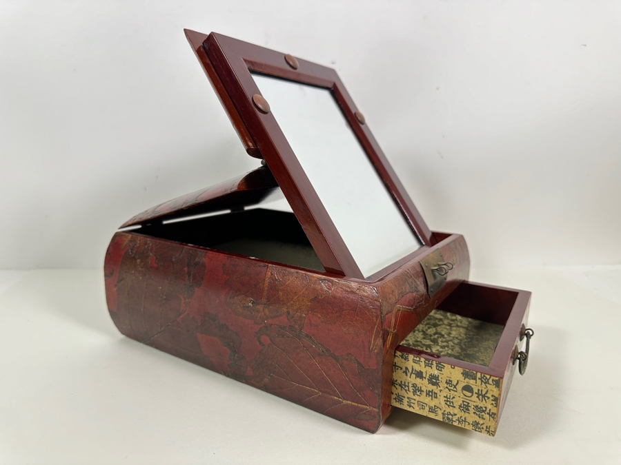 JUST ADDED - Vintage Chinese Lacquered Jewelry Box With Applied Dried Flowers 8.75W X 10D X 5H [Photo 9]