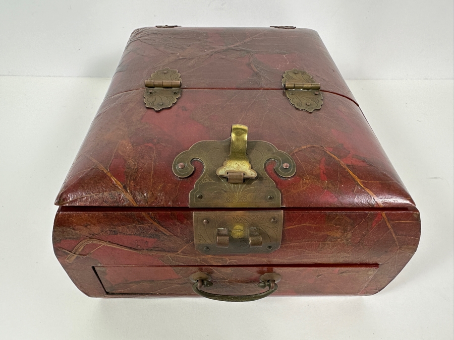 JUST ADDED - Vintage Chinese Lacquered Jewelry Box With Applied Dried Flowers 8.75W X 10D X 5H [Photo 3]