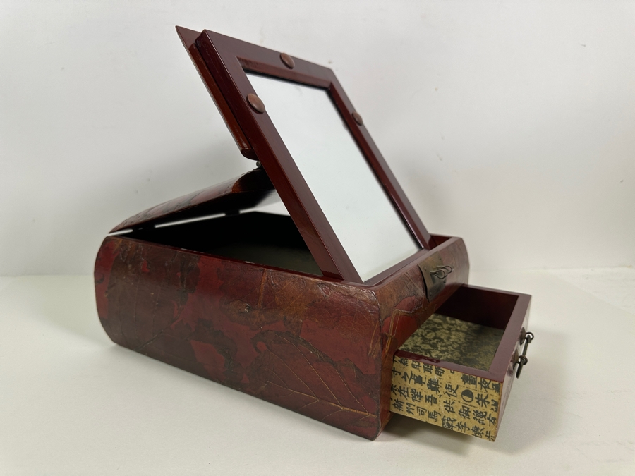 JUST ADDED - Vintage Chinese Lacquered Jewelry Box With Applied Dried Flowers 8.75W X 10D X 5H [Photo 8]