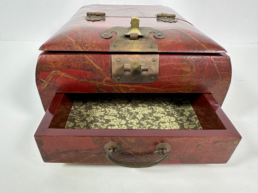 JUST ADDED - Vintage Chinese Lacquered Jewelry Box With Applied Dried Flowers 8.75W X 10D X 5H [Photo 5]