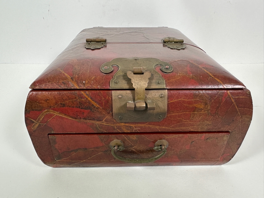 JUST ADDED - Vintage Chinese Lacquered Jewelry Box With Applied Dried Flowers 8.75W X 10D X 5H [Photo 6]