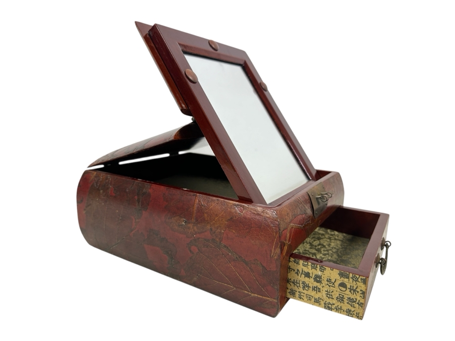 JUST ADDED - Vintage Chinese Lacquered Jewelry Box With Applied Dried Flowers 8.75W X 10D X 5H
