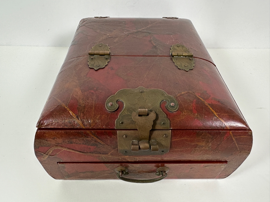 JUST ADDED - Vintage Chinese Lacquered Jewelry Box With Applied Dried Flowers 8.75W X 10D X 5H [Photo 7]