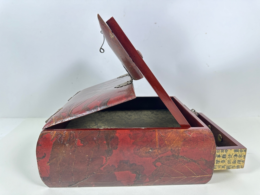 JUST ADDED - Vintage Chinese Lacquered Jewelry Box With Applied Dried Flowers 8.75W X 10D X 5H [Photo 11]