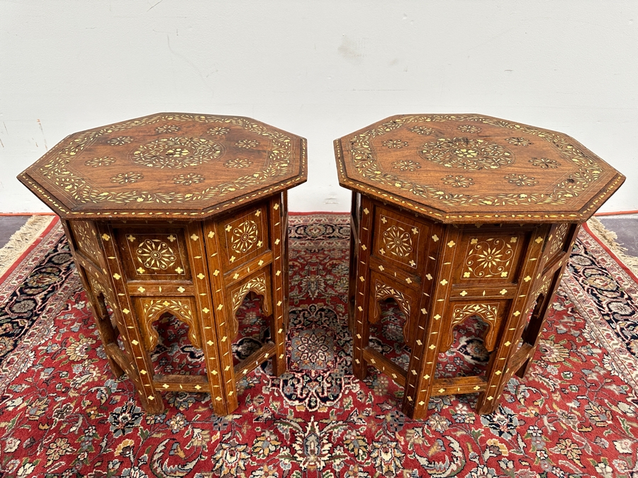 JUST ADDED - Pair Of Vintage Inlaid Bone Wooden Indian Side Tables 18W X 19H [Photo 6]