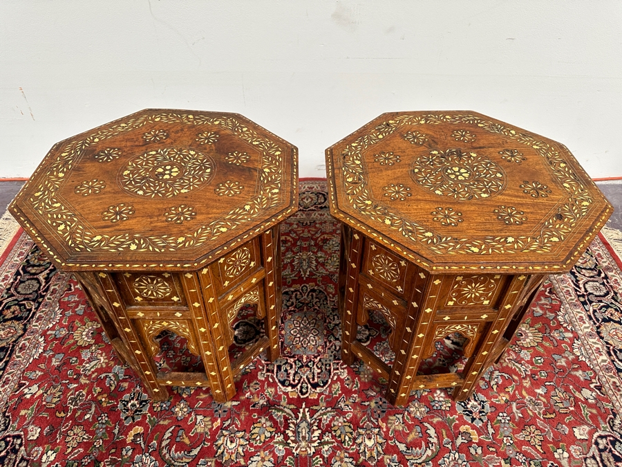 JUST ADDED - Pair Of Vintage Inlaid Bone Wooden Indian Side Tables 18W X 19H [Photo 5]