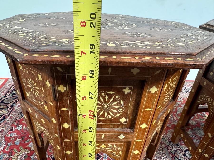 JUST ADDED - Pair Of Vintage Inlaid Bone Wooden Indian Side Tables 18W X 19H [Photo 11]