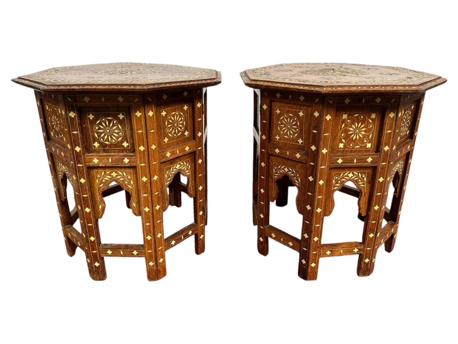 JUST ADDED - Pair Of Vintage Inlaid Bone Wooden Indian Side Tables 18W X 19H [Photo 1]