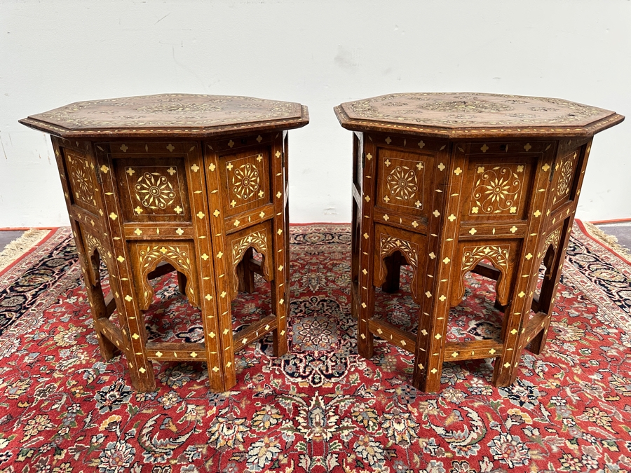 JUST ADDED - Pair Of Vintage Inlaid Bone Wooden Indian Side Tables 18W X 19H [Photo 2]