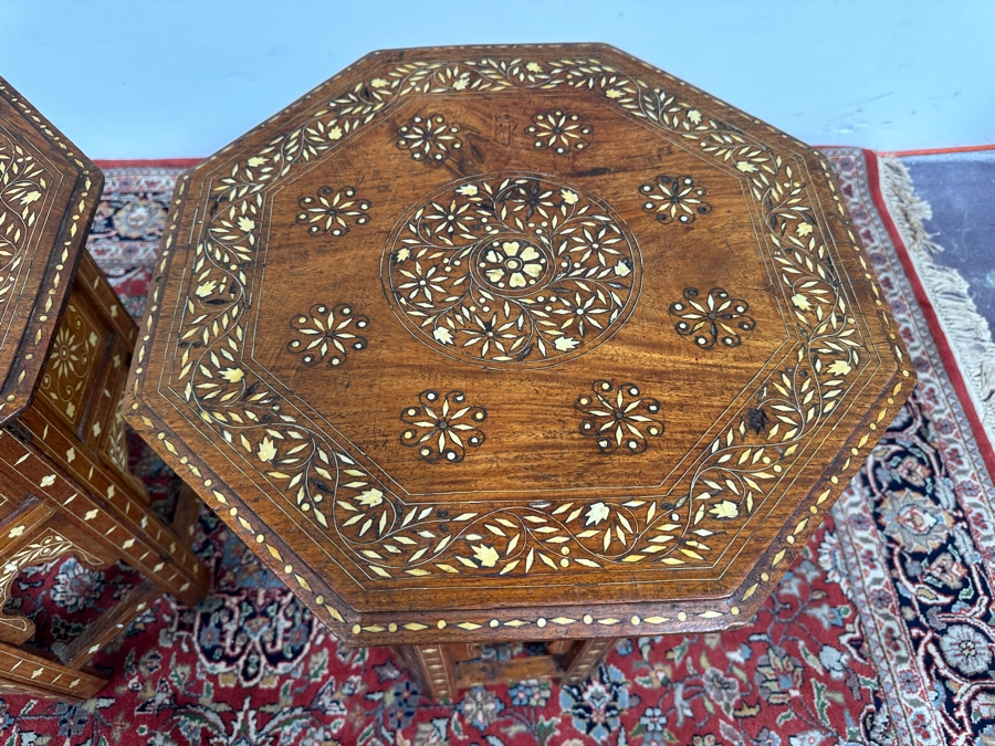 JUST ADDED - Pair Of Vintage Inlaid Bone Wooden Indian Side Tables 18W X 19H [Photo 7]
