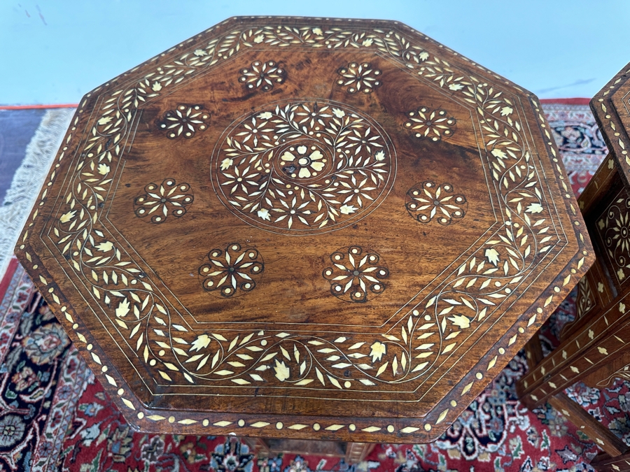 JUST ADDED - Pair Of Vintage Inlaid Bone Wooden Indian Side Tables 18W X 19H [Photo 8]