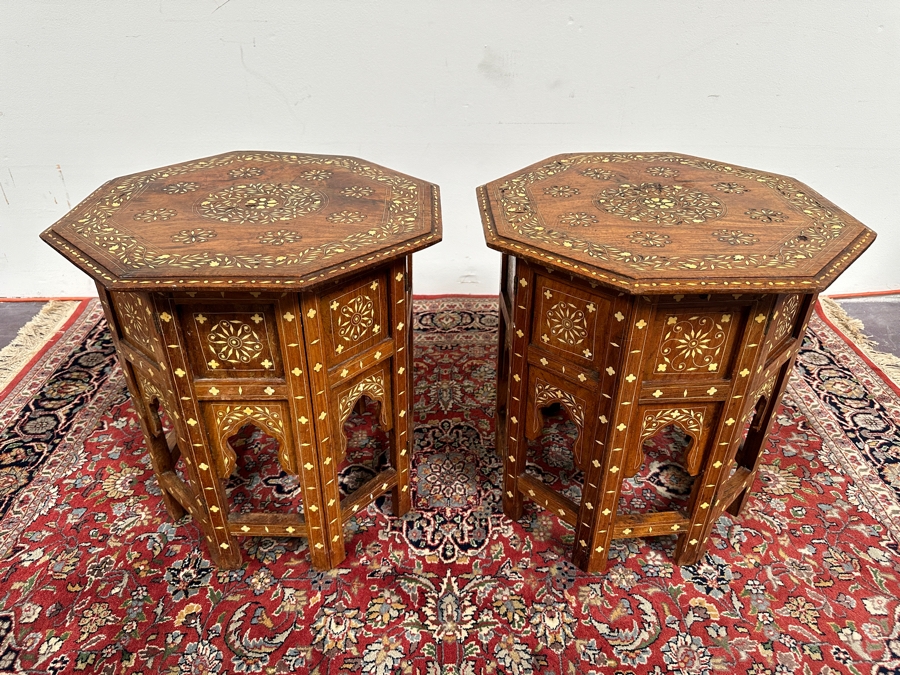 JUST ADDED - Pair Of Vintage Inlaid Bone Wooden Indian Side Tables 18W X 19H [Photo 3]