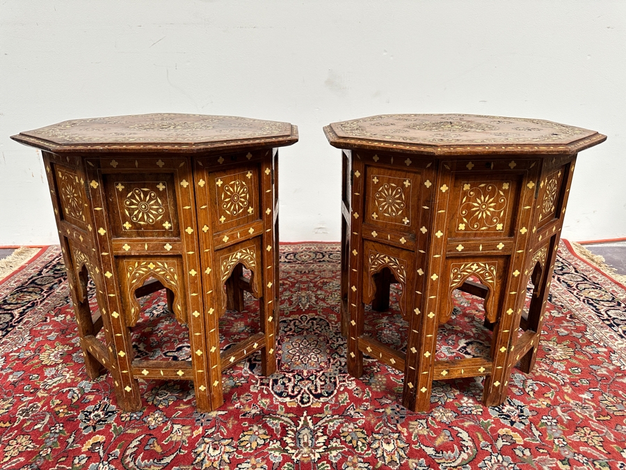 JUST ADDED - Pair Of Vintage Inlaid Bone Wooden Indian Side Tables 18W X 19H [Photo 4]