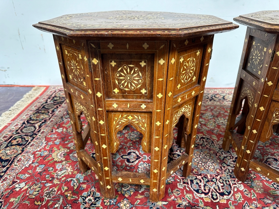 JUST ADDED - Pair Of Vintage Inlaid Bone Wooden Indian Side Tables 18W X 19H [Photo 9]