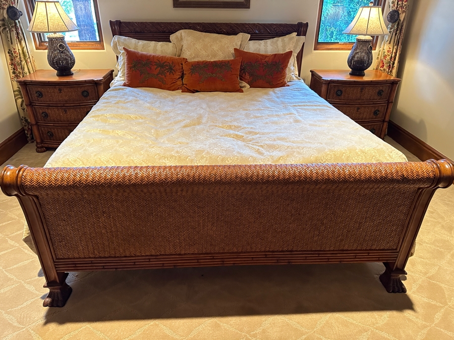 JUST ADDED - Tommy Bahama Siesta Sleigh Bed 78W X 99L With California King Limted Edition Aireloom Mattress And Boxspring With Tommy Bahama Bedding And Pillows From A Rancho Santa Fe Casita (Rarely If Ever Used) Retails $5,000+ [Photo 2]