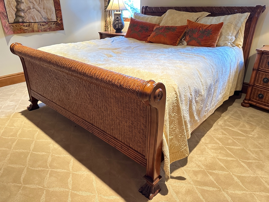 JUST ADDED - Tommy Bahama Siesta Sleigh Bed 78W X 99L With California King Limted Edition Aireloom Mattress And Boxspring With Tommy Bahama Bedding And Pillows From A Rancho Santa Fe Casita (Rarely If Ever Used) Retails $5,000+ [Photo 1]