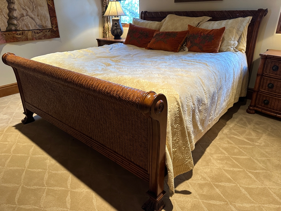 JUST ADDED - Tommy Bahama Siesta Sleigh Bed 78W X 99L With California King Limted Edition Aireloom Mattress And Boxspring With Tommy Bahama Bedding And Pillows From A Rancho Santa Fe Casita (Rarely If Ever Used) Retails $5,000+ [Photo 5]
