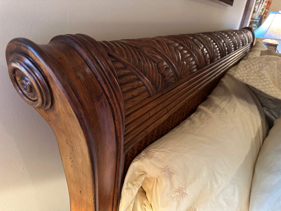 JUST ADDED - Tommy Bahama Siesta Sleigh Bed 78W X 99L With California King Limted Edition Aireloom Mattress And Boxspring With Tommy Bahama Bedding And Pillows From A Rancho Santa Fe Casita (Rarely If Ever Used) Retails $5,000+ [Photo 3]