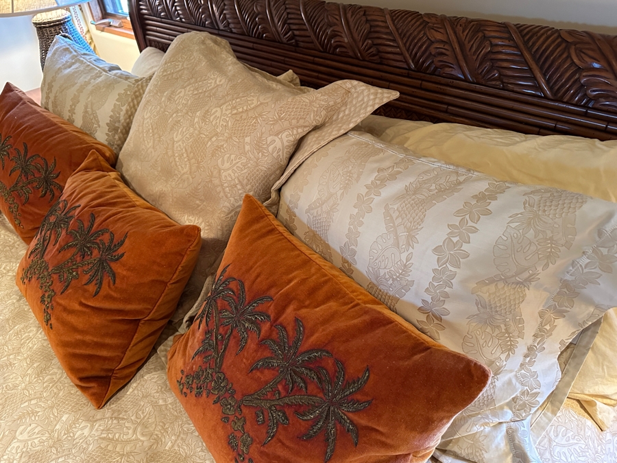 JUST ADDED - Tommy Bahama Siesta Sleigh Bed 78W X 99L With California King Limted Edition Aireloom Mattress And Boxspring With Tommy Bahama Bedding And Pillows From A Rancho Santa Fe Casita (Rarely If Ever Used) Retails $5,000+ [Photo 9]