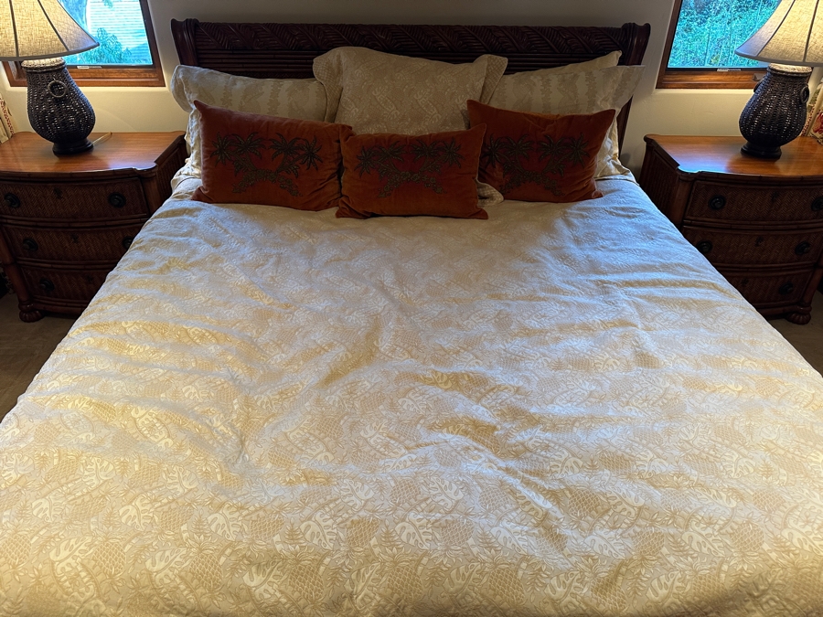 JUST ADDED - Tommy Bahama Siesta Sleigh Bed 78W X 99L With California King Limted Edition Aireloom Mattress And Boxspring With Tommy Bahama Bedding And Pillows From A Rancho Santa Fe Casita (Rarely If Ever Used) Retails $5,000+ [Photo 4]