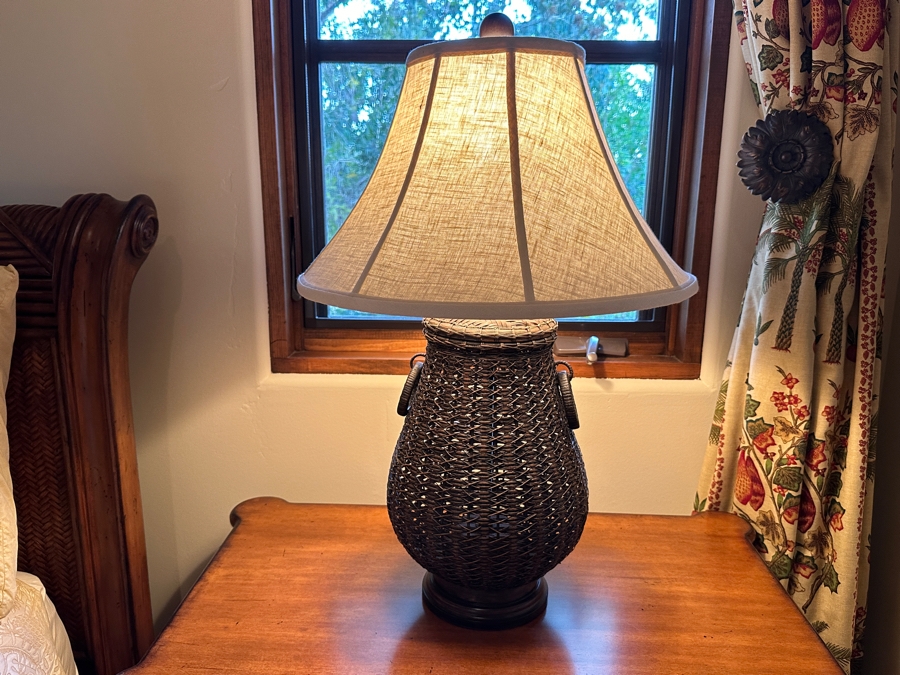 JUST ADDED - Pair Of Woven Wicker Basket Table Lamps With Handles From A Rancho Santa Fe Casita 27H [Photo 2]