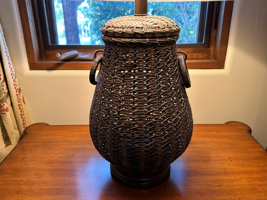 JUST ADDED - Pair Of Woven Wicker Basket Table Lamps With Handles From A Rancho Santa Fe Casita 27H [Photo 7]