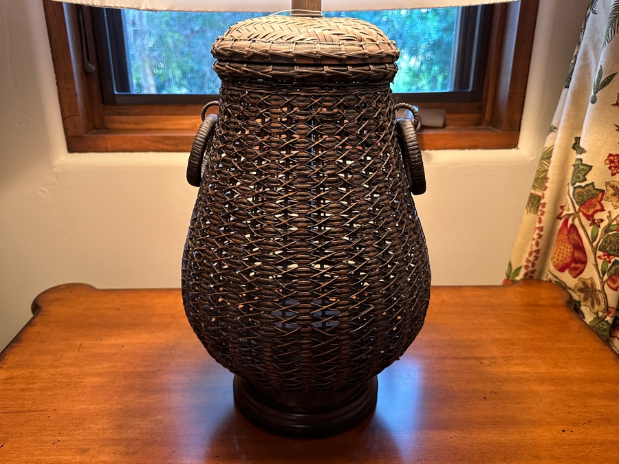 JUST ADDED - Pair Of Woven Wicker Basket Table Lamps With Handles From A Rancho Santa Fe Casita 27H [Photo 3]