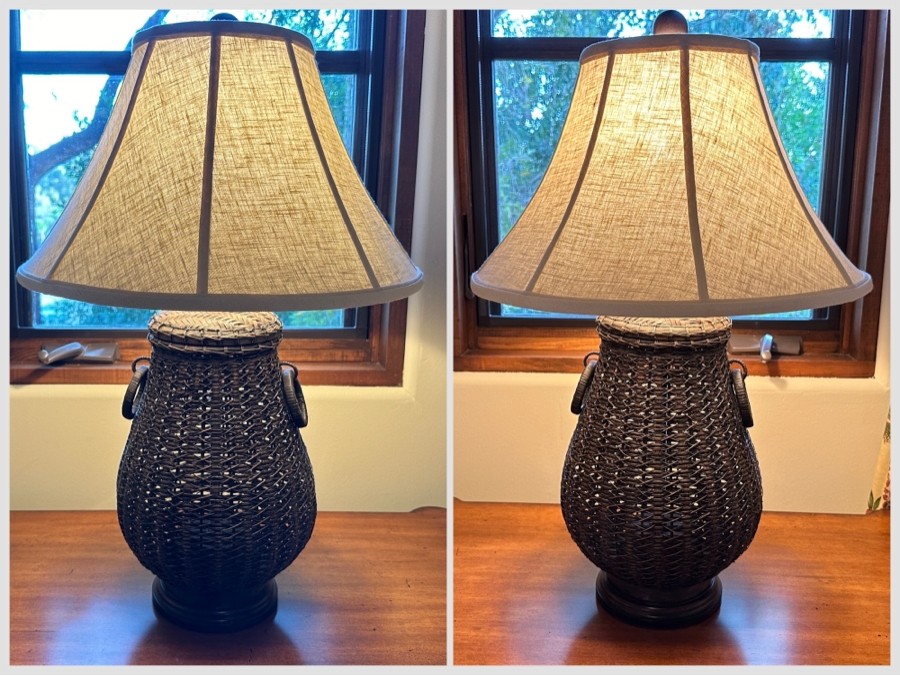JUST ADDED - Pair Of Woven Wicker Basket Table Lamps With Handles From A Rancho Santa Fe Casita 27H [Photo 1]