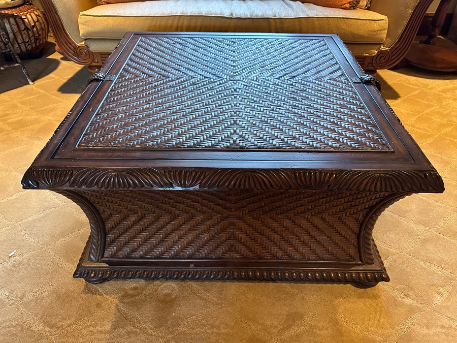 JUST ADDED - Carved Wood and Rattan Tommy Bahama Coffee Table with Storage From A Rancho Santa Fe Casita (Rarely Used) 37'W x 39'D x 19.5'H Retails $2,000+ [Photo 2]