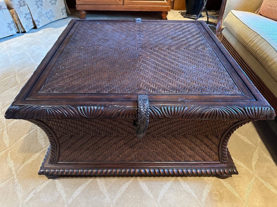 JUST ADDED - Carved Wood and Rattan Tommy Bahama Coffee Table with Storage From A Rancho Santa Fe Casita (Rarely Used) 37'W x 39'D x 19.5'H Retails $2,000+ [Photo 4]