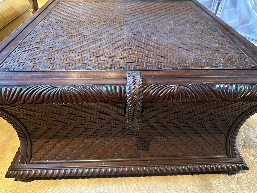 JUST ADDED - Carved Wood and Rattan Tommy Bahama Coffee Table with Storage From A Rancho Santa Fe Casita (Rarely Used) 37'W x 39'D x 19.5'H Retails $2,000+ [Photo 3]
