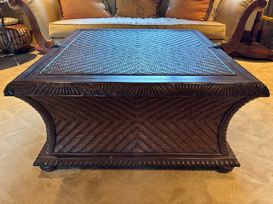 JUST ADDED - Carved Wood and Rattan Tommy Bahama Coffee Table with Storage From A Rancho Santa Fe Casita (Rarely Used) 37'W x 39'D x 19.5'H Retails $2,000+ [Photo 1]