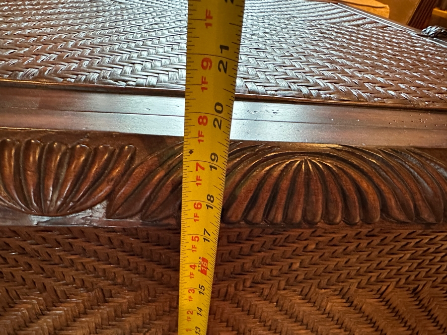 JUST ADDED - Carved Wood and Rattan Tommy Bahama Coffee Table with Storage From A Rancho Santa Fe Casita (Rarely Used) 37'W x 39'D x 19.5'H Retails $2,000+ [Photo 11]