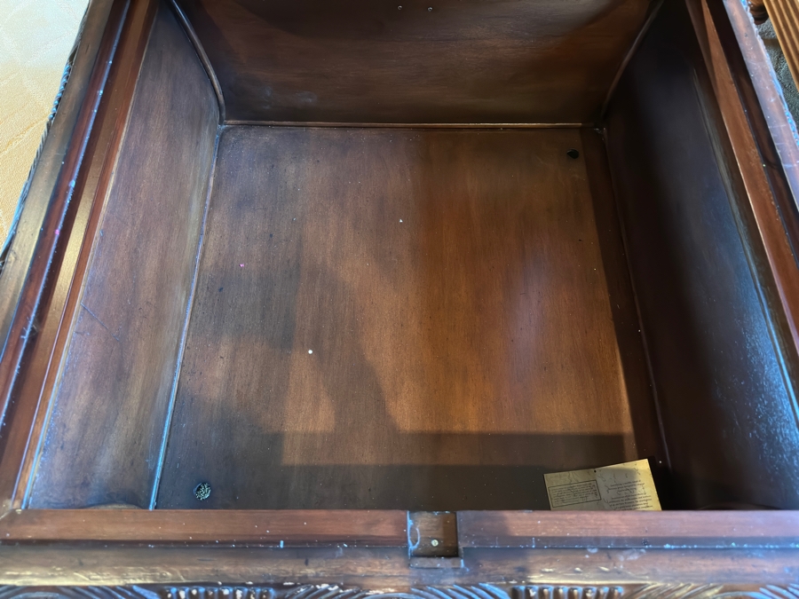 JUST ADDED - Carved Wood and Rattan Tommy Bahama Coffee Table with Storage From A Rancho Santa Fe Casita (Rarely Used) 37'W x 39'D x 19.5'H Retails $2,000+ [Photo 5]