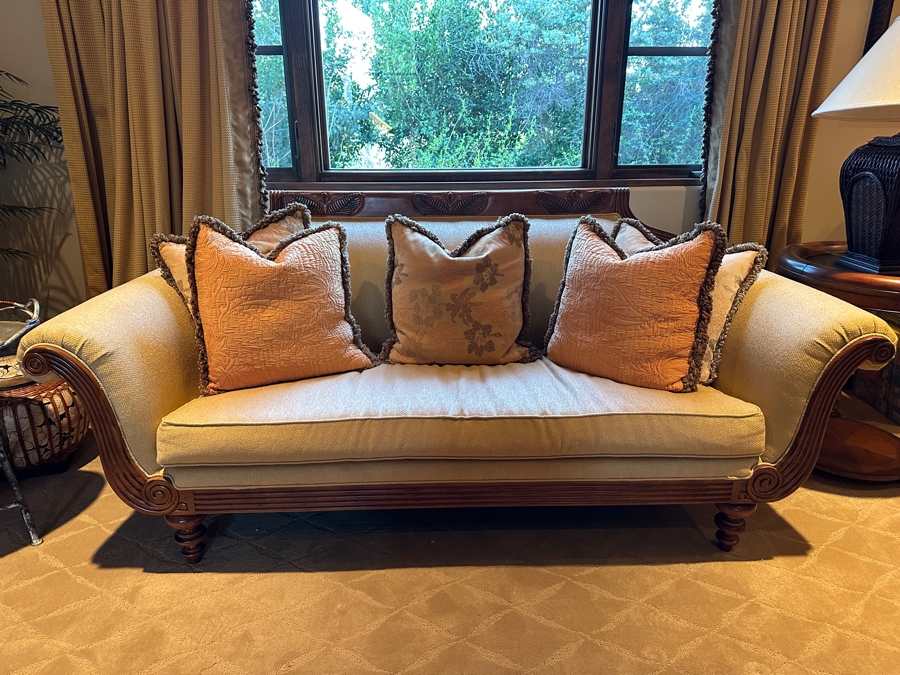 JUST ADDED - Tommy Bahama Wood Framed and Upholstered Sofa From A Rancho Santa Fe Casita (Rarely Used) 89'W x 43'D x 37'H Retails $5,000+ [Photo 2]