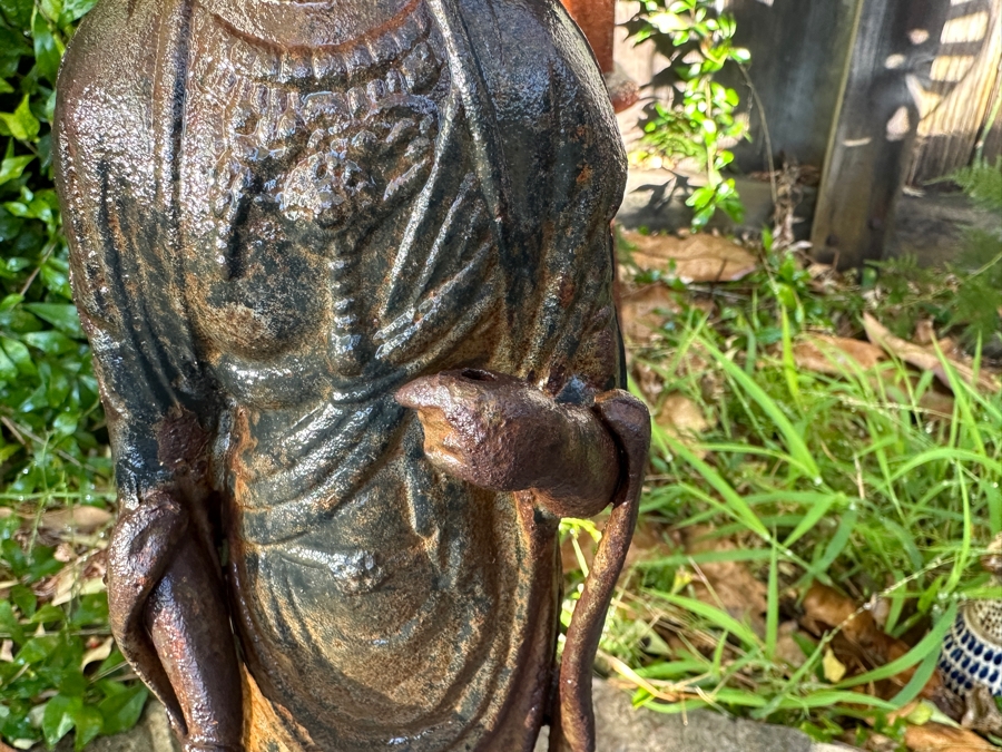 Pair Of Old Cast Iron Japanese Standing Buddha Guan Yin Kannon Statues 23.5H [Photo 11]
