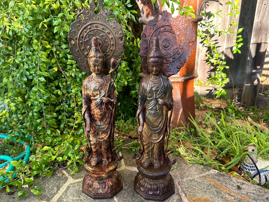 Pair Of Old Cast Iron Japanese Standing Buddha Guan Yin Kannon Statues 23.5H